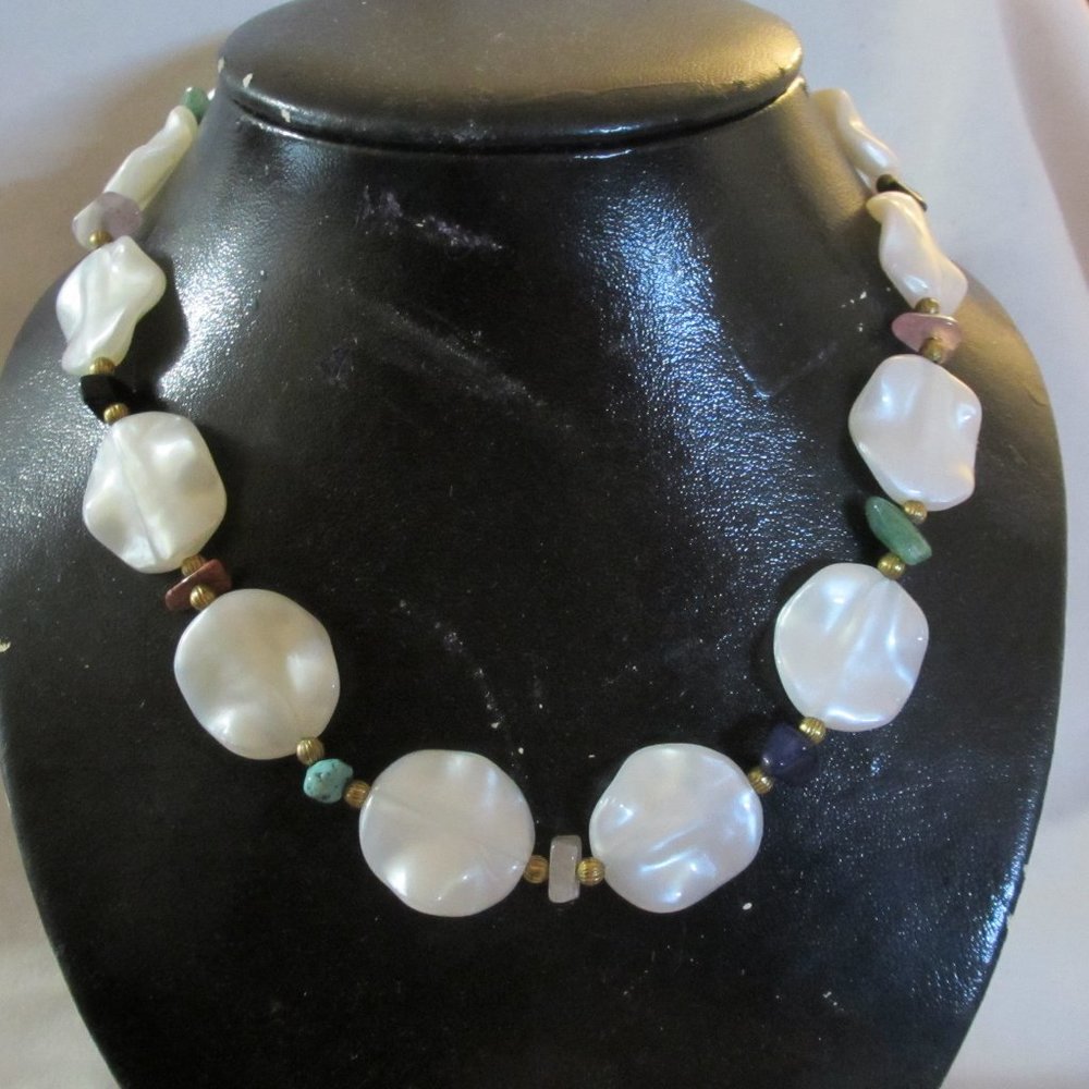 Mother of Pearl Necklace w/ Precious Stone Chips